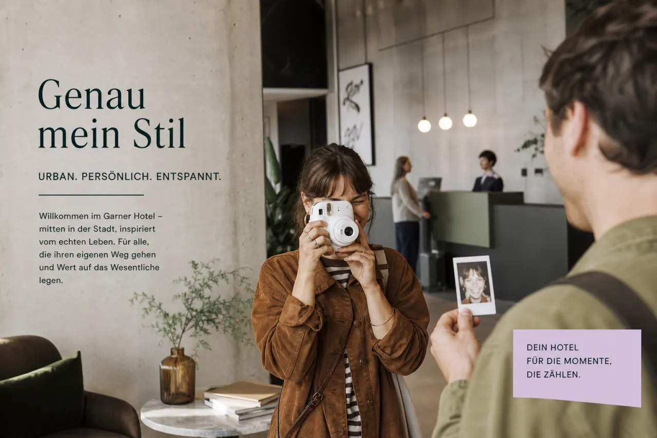 Garner-Hotel in Berlin mit Kampagnenmotiv zu analogen Reiseerinnerungen und Instax-Kamera