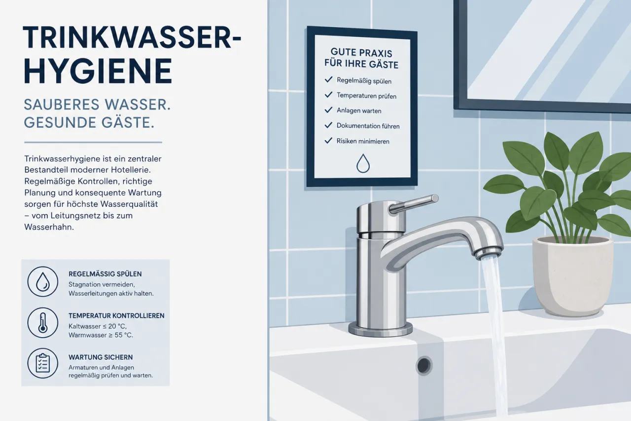 Wasserhahn in einem Wohngebäude mit Hinweis auf Trinkwasserhygiene