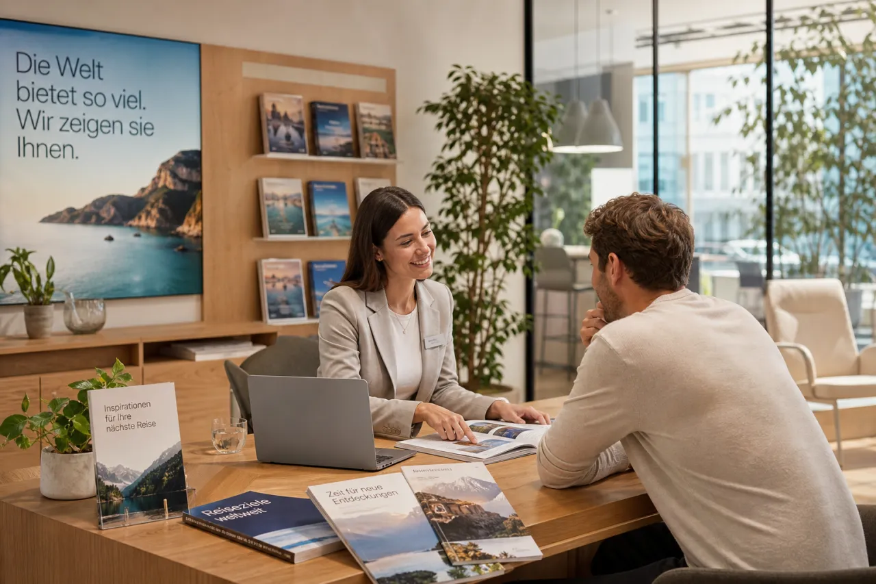 Lufthansa City Center Reisebüro mit Beratungsplatz und Reiseunterlagen