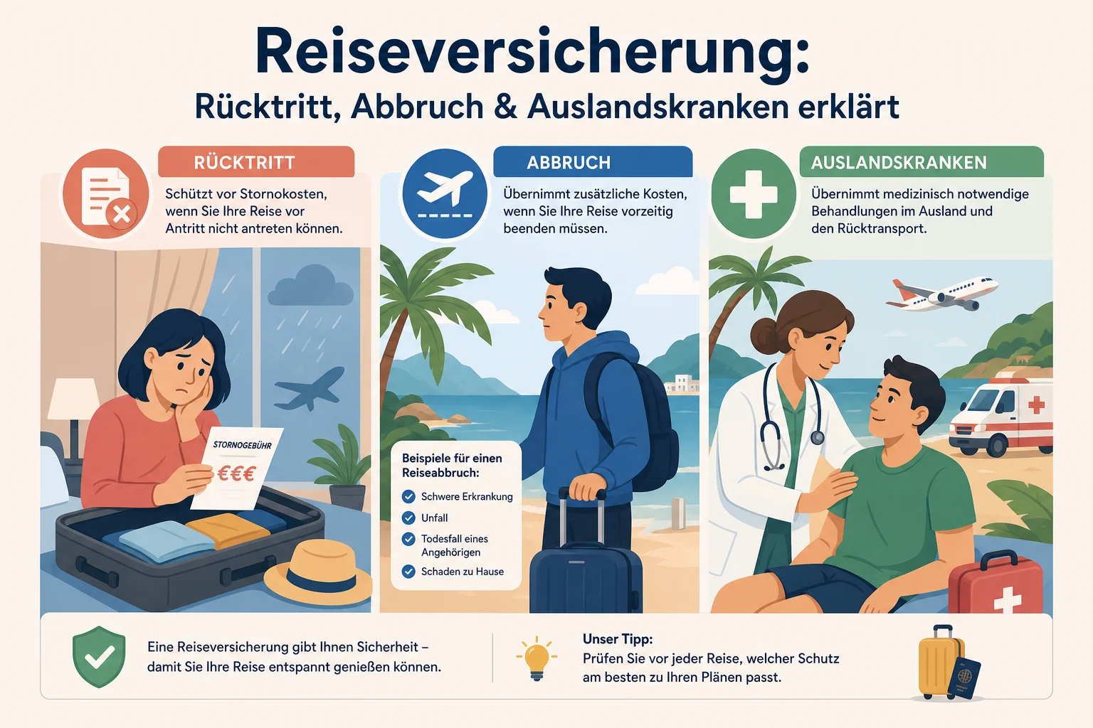 Reiseversicherung: Rücktritt, Abbruch & Auslandskranken erklärt
