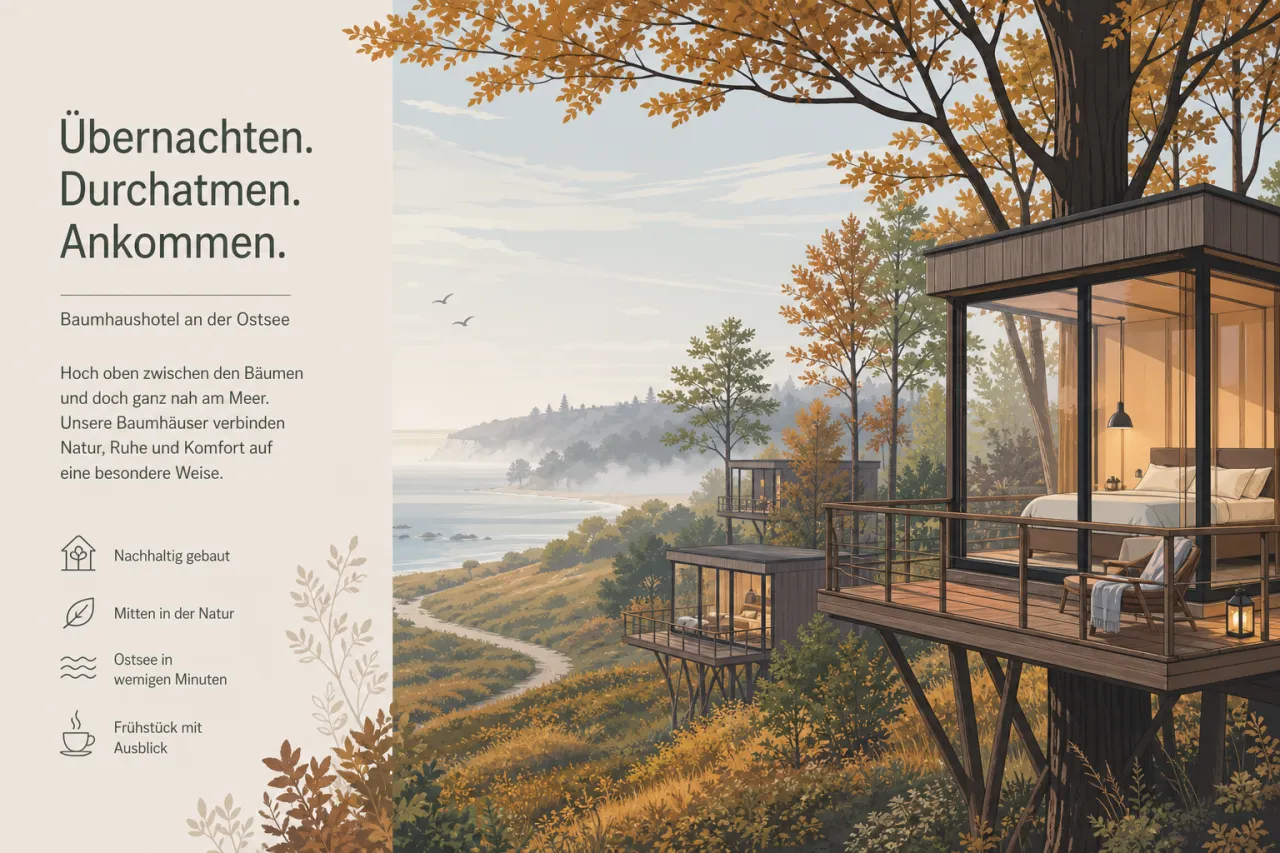 Baumhauslodges in Wangels mit großen Fenstern zwischen Wiesen und Bäumen im Herbstlicht