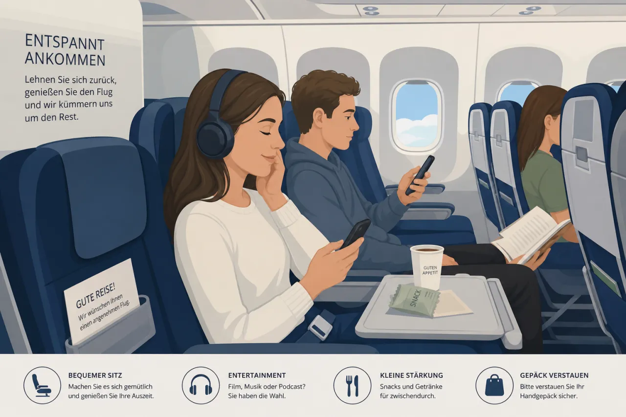 Passagiere in einer Flugzeugkabine, Handys und Snacks auf den Klapptischen