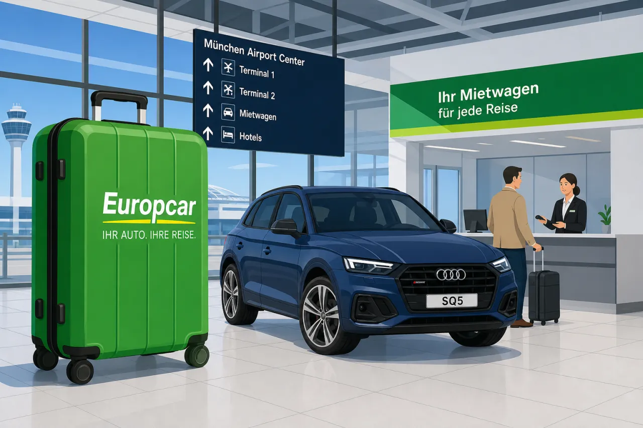 Riesenkoffer von Europcar am Flughafen München mit Audi SQ5 in Grün