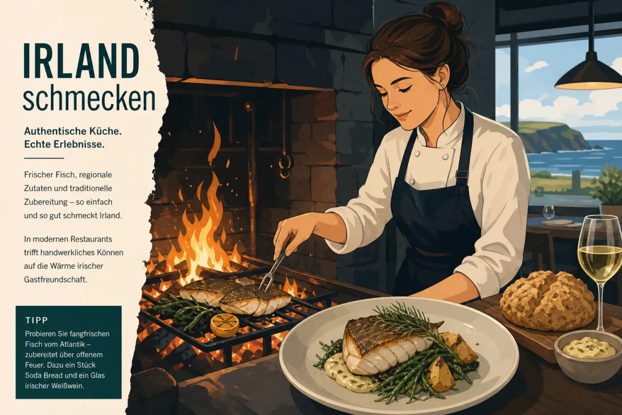 Köchin am offenen Feuer in Irland mit Fisch und Glut in einer Restaurantküche