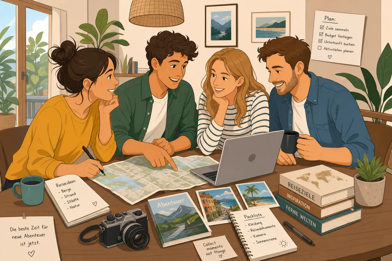 Freundesgruppe plant Reise am Tisch mit Karten, Laptop und Koffer nebenan