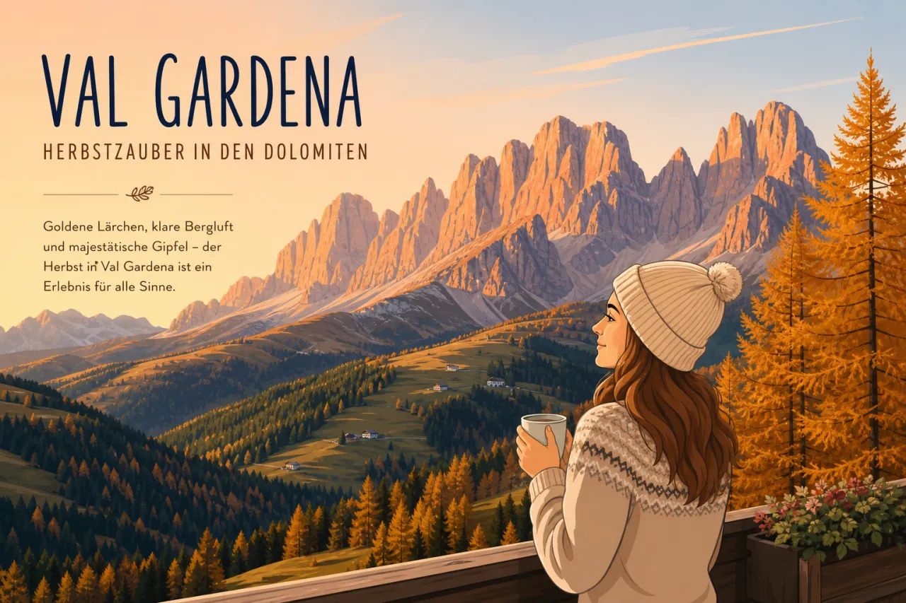 Herbstliche Dolomiten bei Val Gardena mit warmem Licht und klarer Sicht auf die Gipfel