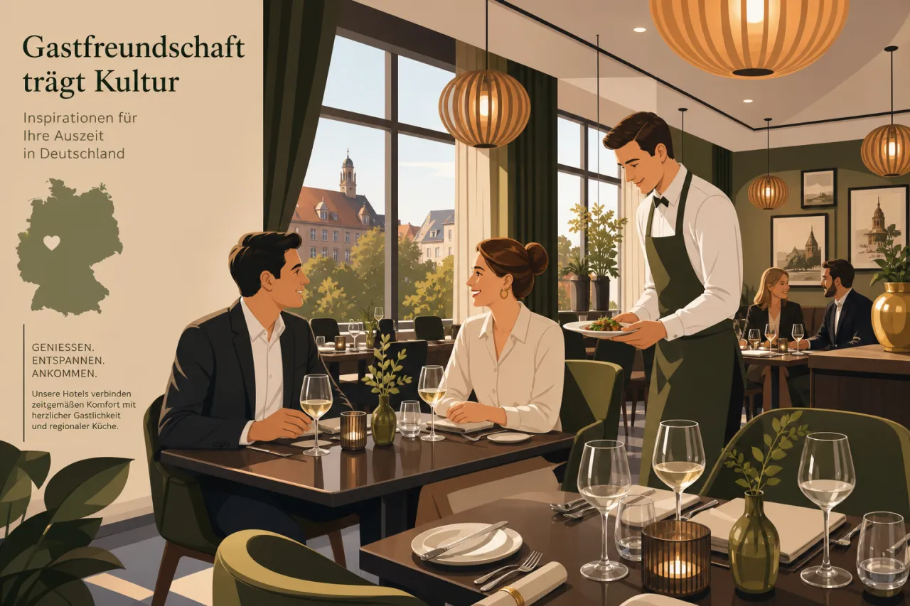 Restauranttisch im Hotel mit gedecktem Service und Blick in den eleganten Gastraum