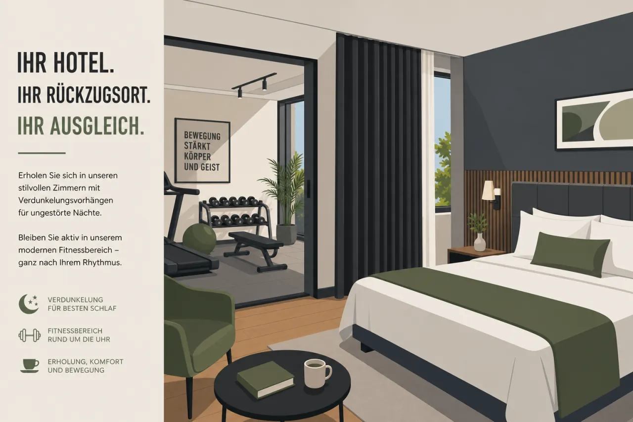 Hotelzimmer mit Verdunkelung, Bett und Fitnessbereich als Symbol für Longevity-Scoring