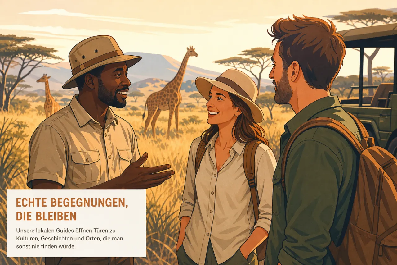 Local Guide in Kenia mit Reisenden in der Savanne