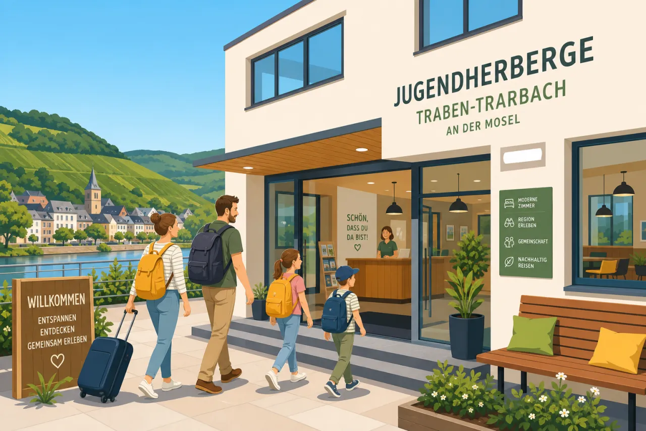 Mosel-Jugendherberge Traben-Trarbach mit modernem Eingang und Blick auf die Mosel