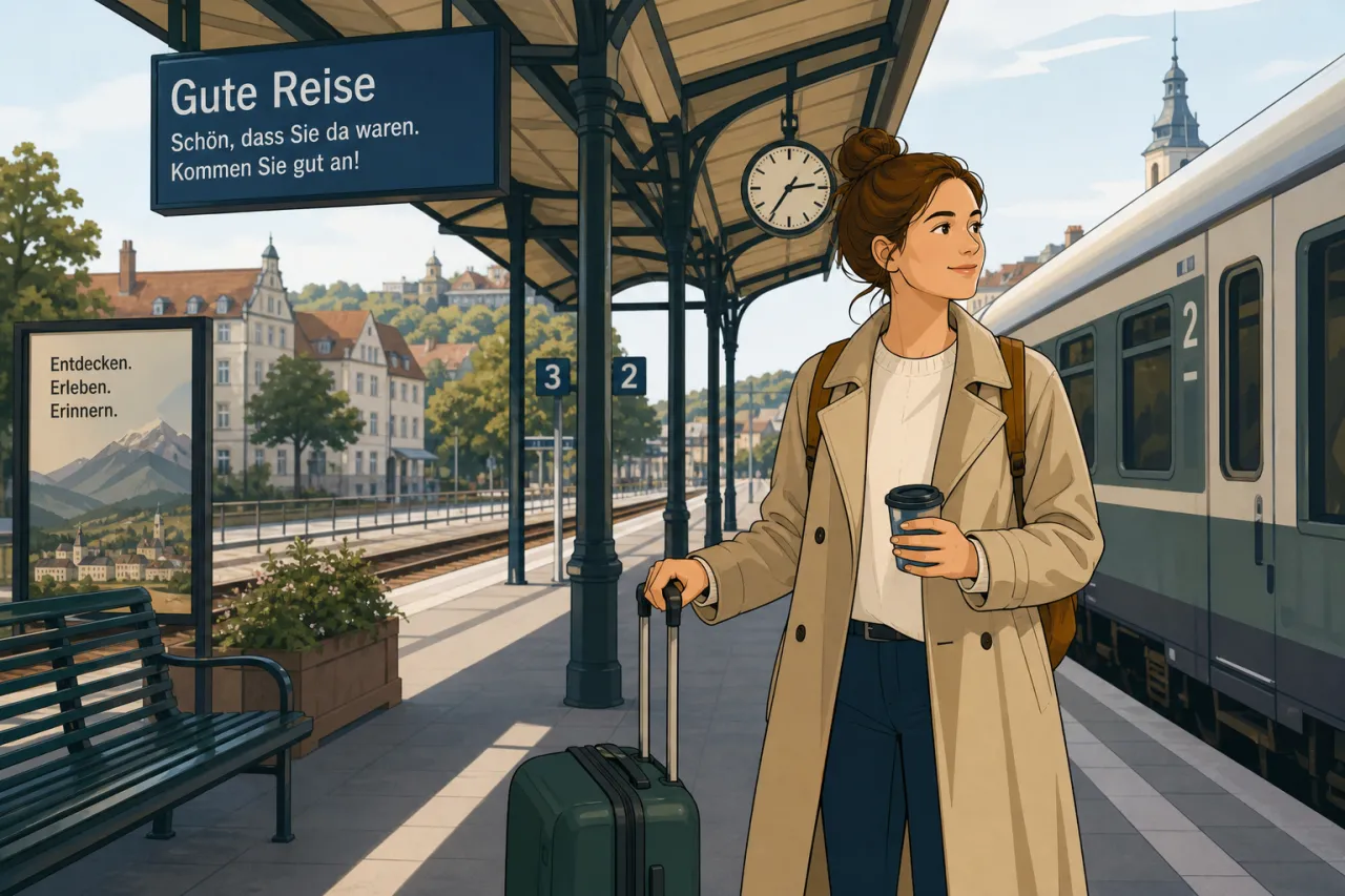 Reisende mit Koffer auf ruhigem Bahnhof per Slow-Travel-Motiv