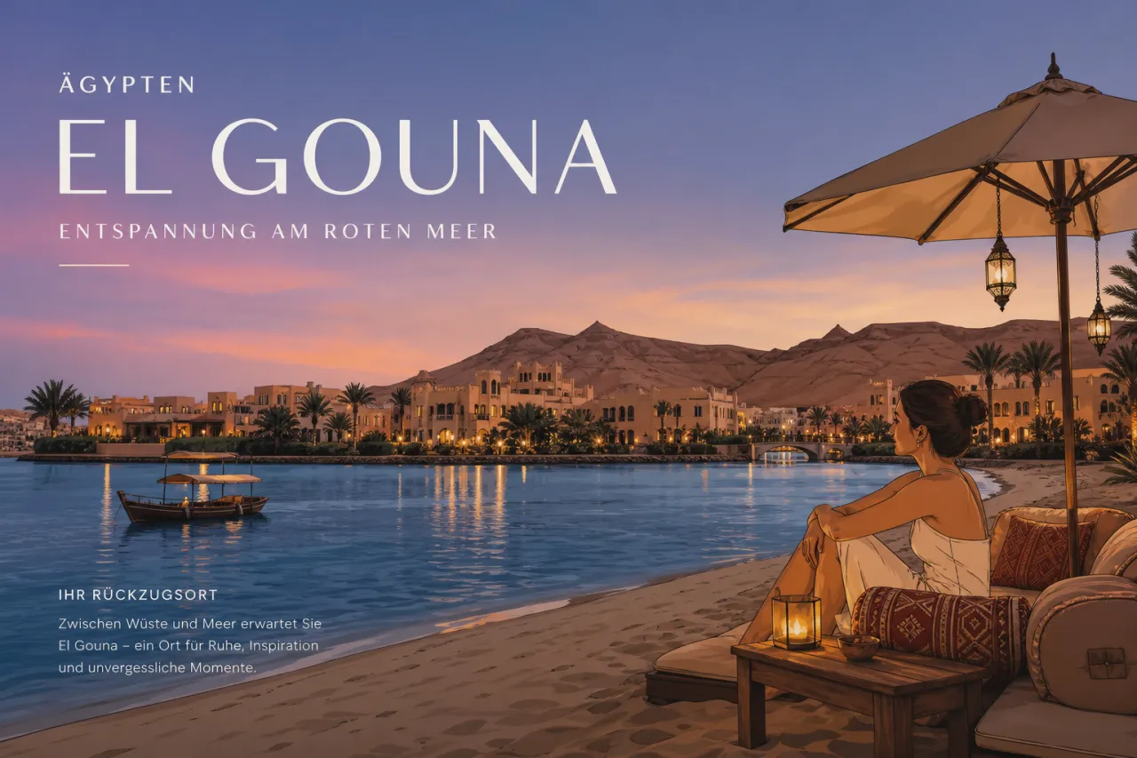 Sonnenuntergang über El Gouna am Roten Meer mit Strand und Wüstenhintergrund