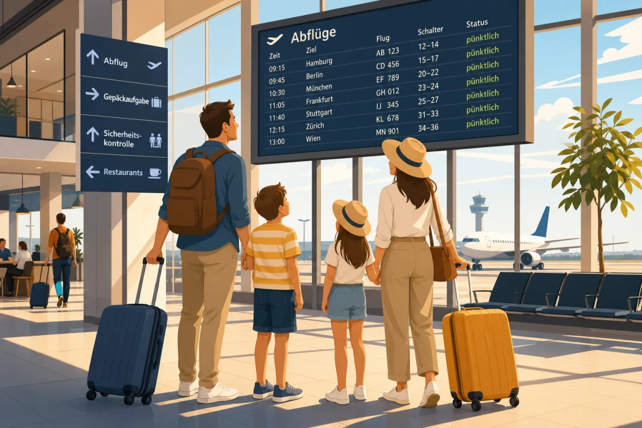 Familie mit Koffern am Flughafen vor dem Abflug in den Sommerurlaub
