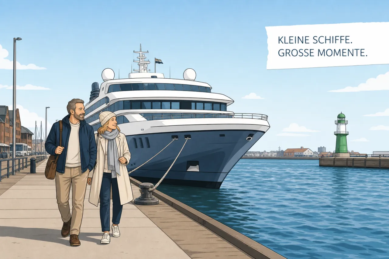 Kreuzfahrtschiff Ambella geplant für Bremerhaven und Kiel, Meerblick an der Pier