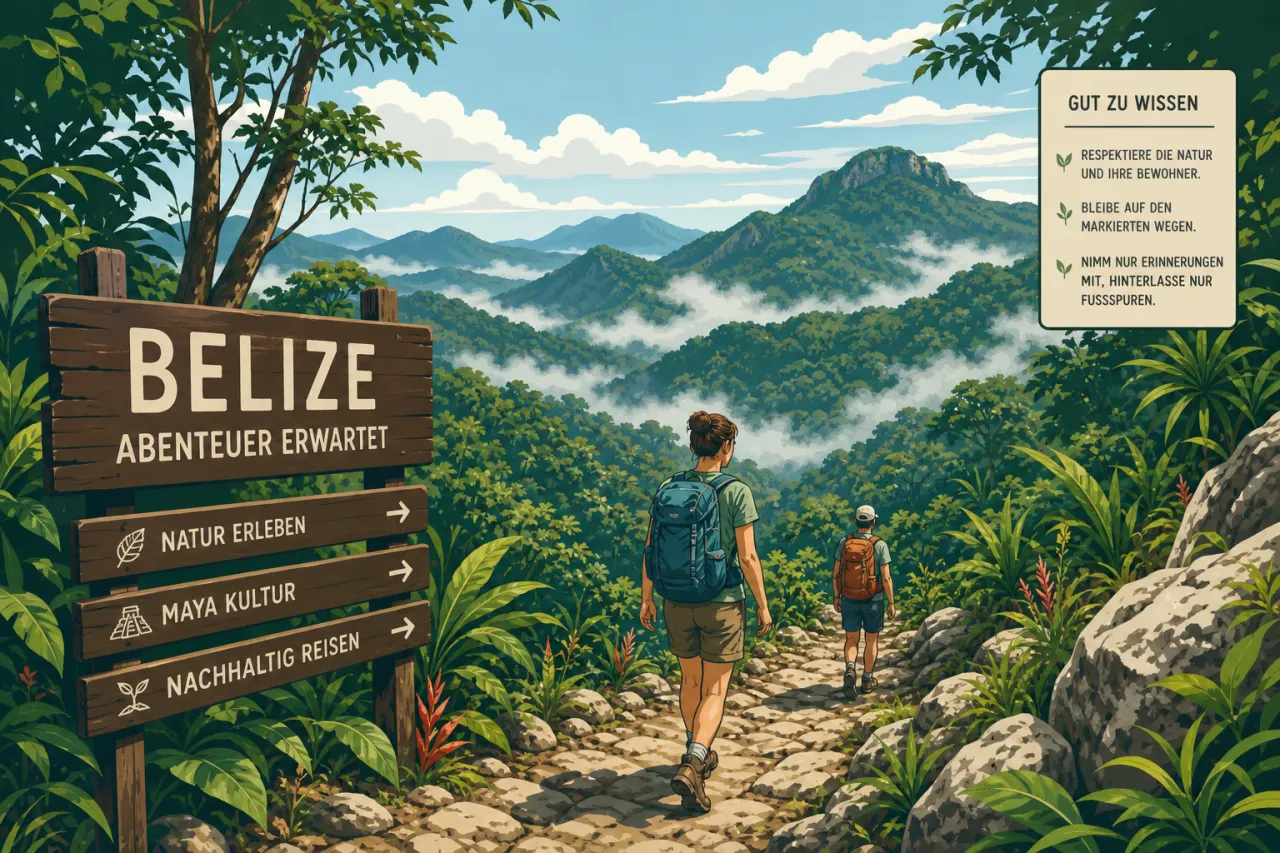 Wanderweg in den Maya Mountains von Belize mit dichtem Regenwald und Fels im Hintergrund