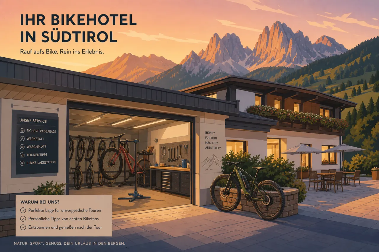 Bikehotel in Südtirol mit Radgarage, Bergblick und Terrasse für den Sundowner