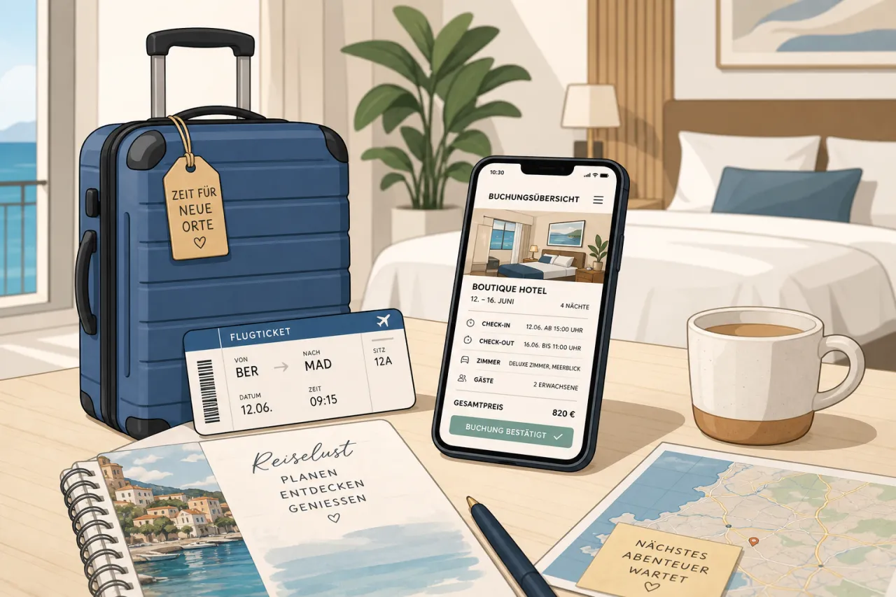 DERTOUR-Reisebarometer mit Sommerbuchungen 2026, Koffer und Flugticket auf Tisch