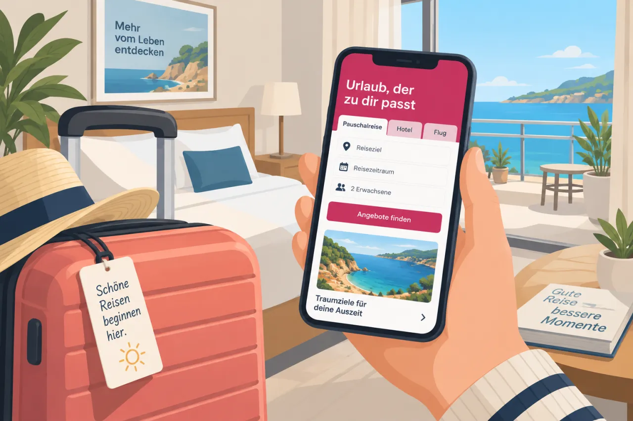 ltur-Logo auf Smartphone neben Koffer für Last-Minute-Buchung