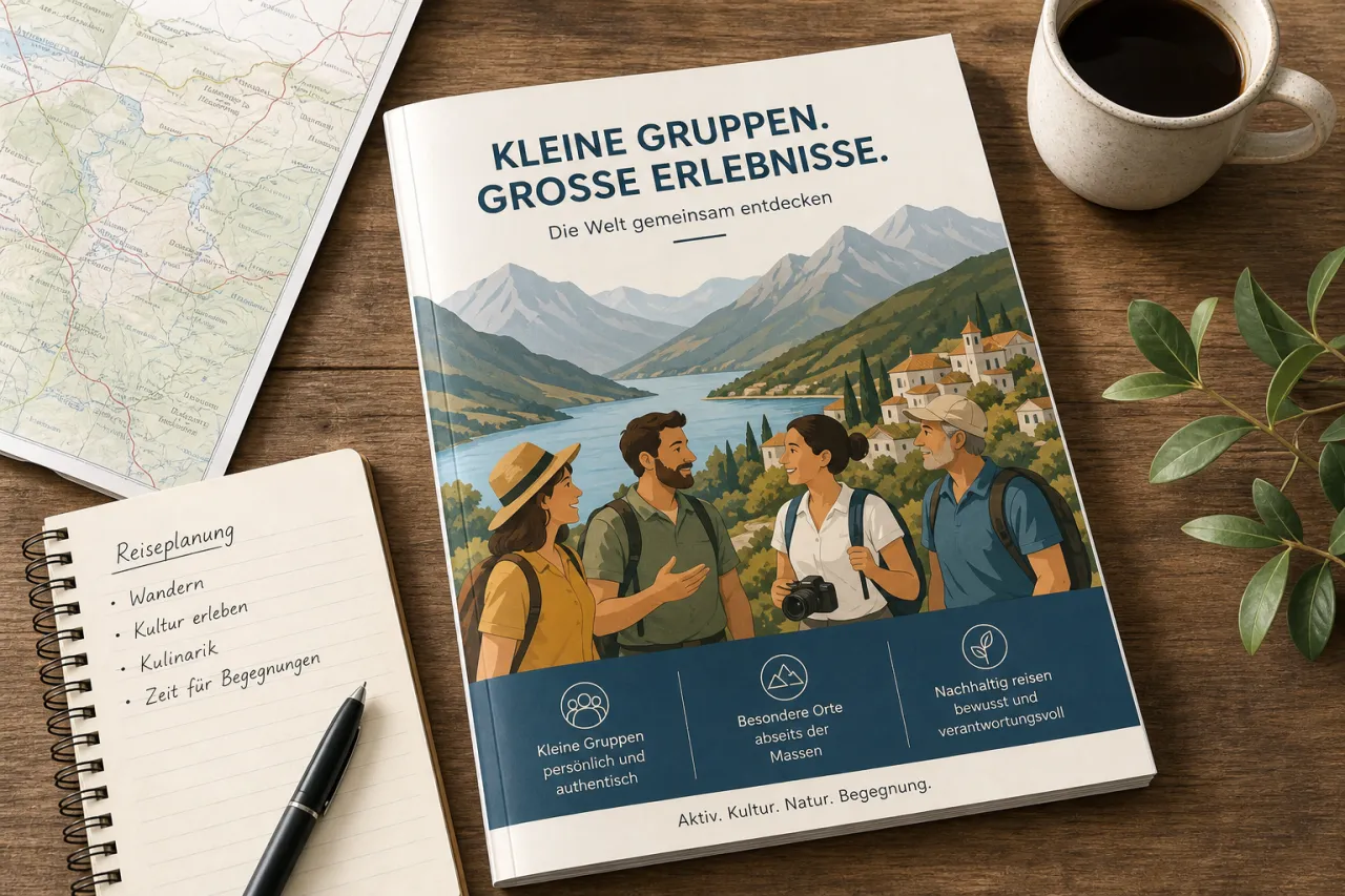 Marco-Polo-Reisekatalog 2027 auf einem Tisch, daneben Landkarte und Kaffeetasse