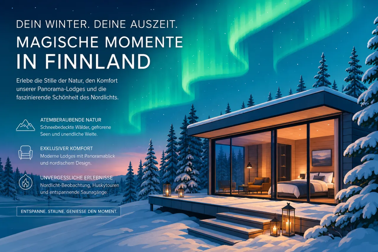 Winterliche Panorama-Lodge in Finnland mit Glasfront und verschneitem Wald