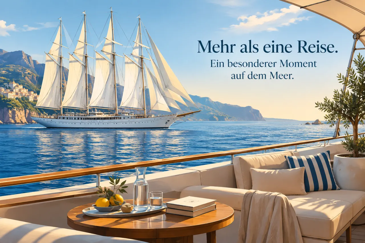 SEA CLOUD SPIRIT unter Segeln auf ruhiger See, passend zum neuen Longevity-Voyage-Konzept