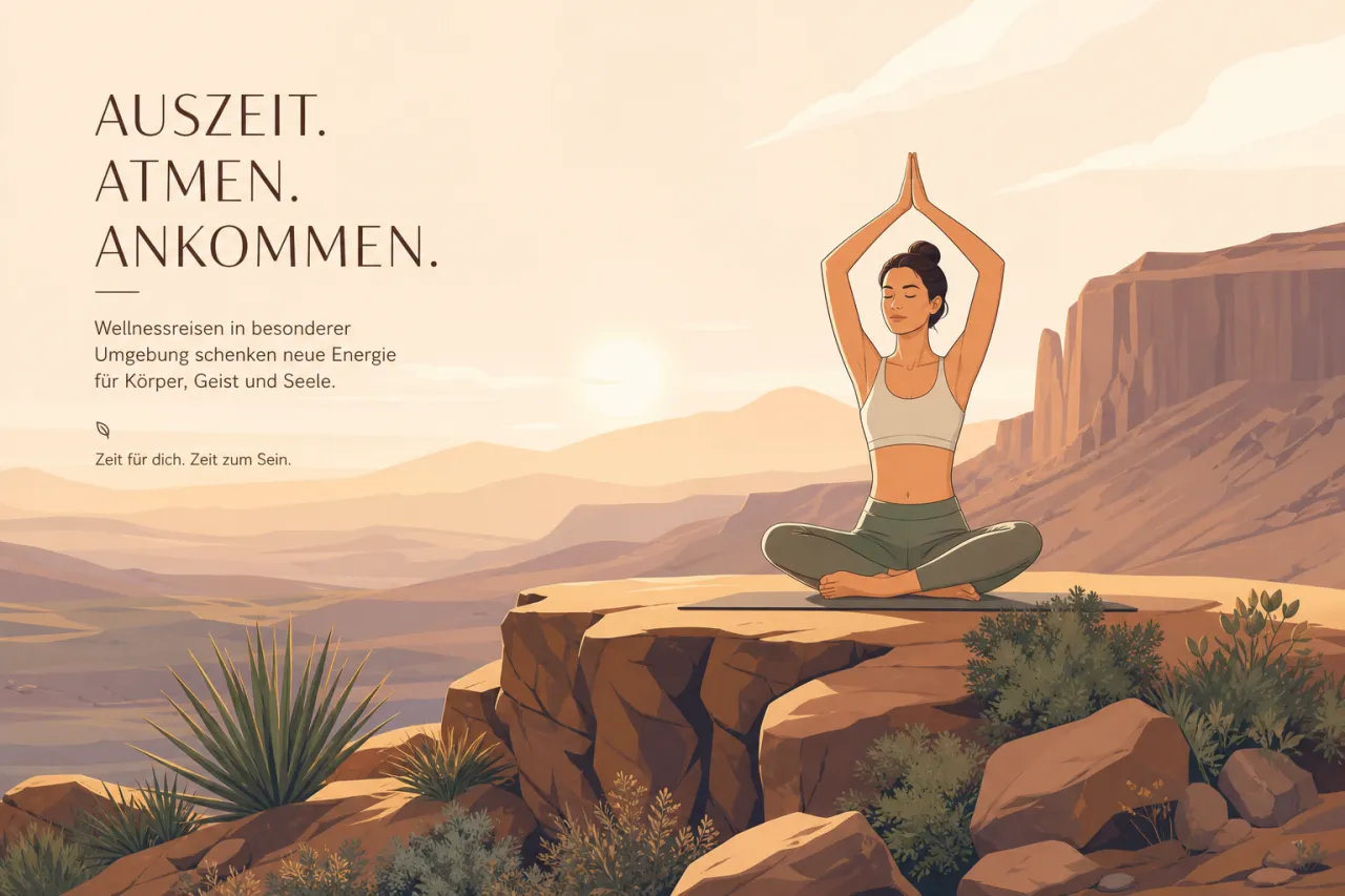 Yoga in der Wüste mit Felsformationen, ruhige Wellnessszene unter freiem Himmel