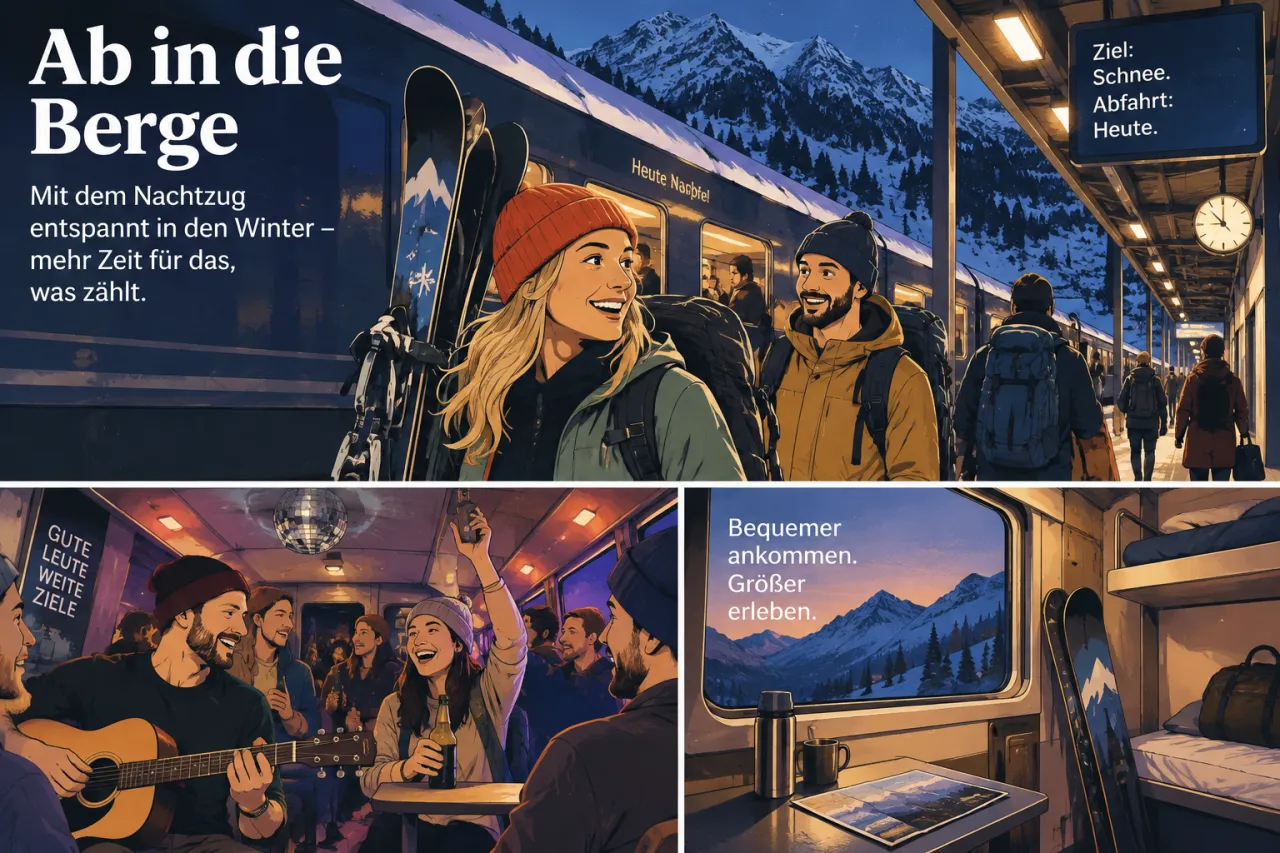 UEX-Nachtzug mit Partybereich und Skiurlaubern vor der Abfahrt