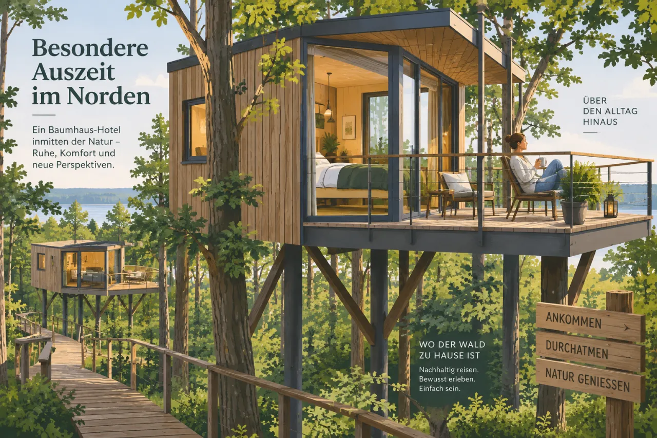 Baumhaus-Lodge im Grünen nahe der Ostsee mit Panoramafenster und Terrasse
