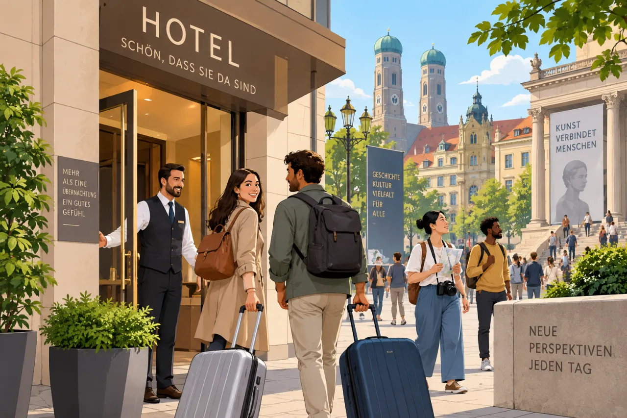 Touristen vor dem Brandenburger Tor in Berlin mit Koffern und Stadtblick