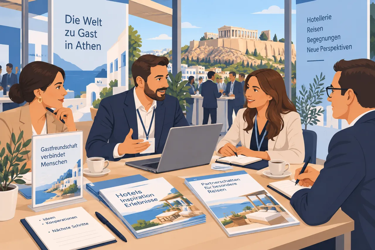 EXPO 2027 Belgrad Logo auf Konferenztisch, daneben Notizen und ein Laptop bei einem Termin in Athen