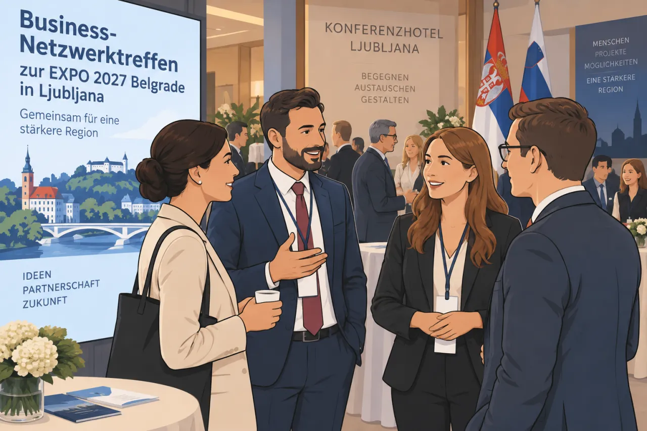 EXPO-2027-Roadshow in Ljubljana mit Business-Gästen vor dem InterContinental
