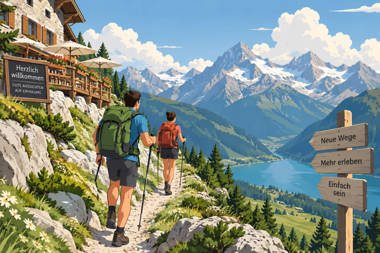 Wanderer auf alpinem Pfad mit Blick auf Berggipfel, passend zu Hauser Exkursionen 2027