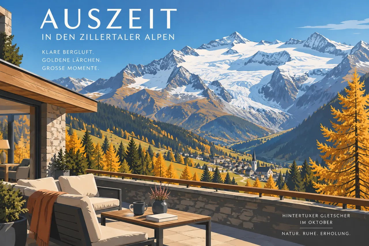 Hintertuxer Gletscher mit Schnee auf den Pisten und Herbstfarben im Zillertal im Tal