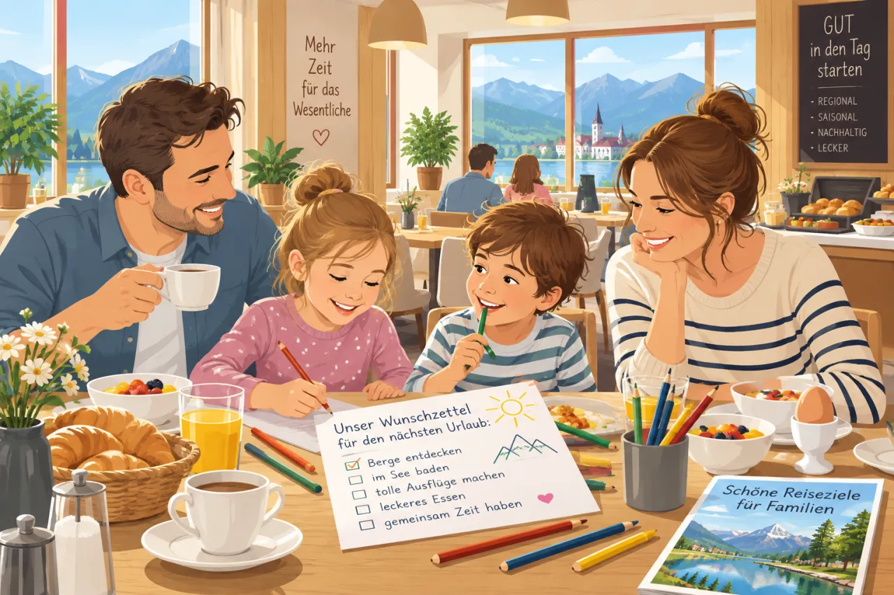 Familie mit zwei Kindern beim Frühstück im Hotel, mit Malstiften und Wunschzettel auf dem Tisch