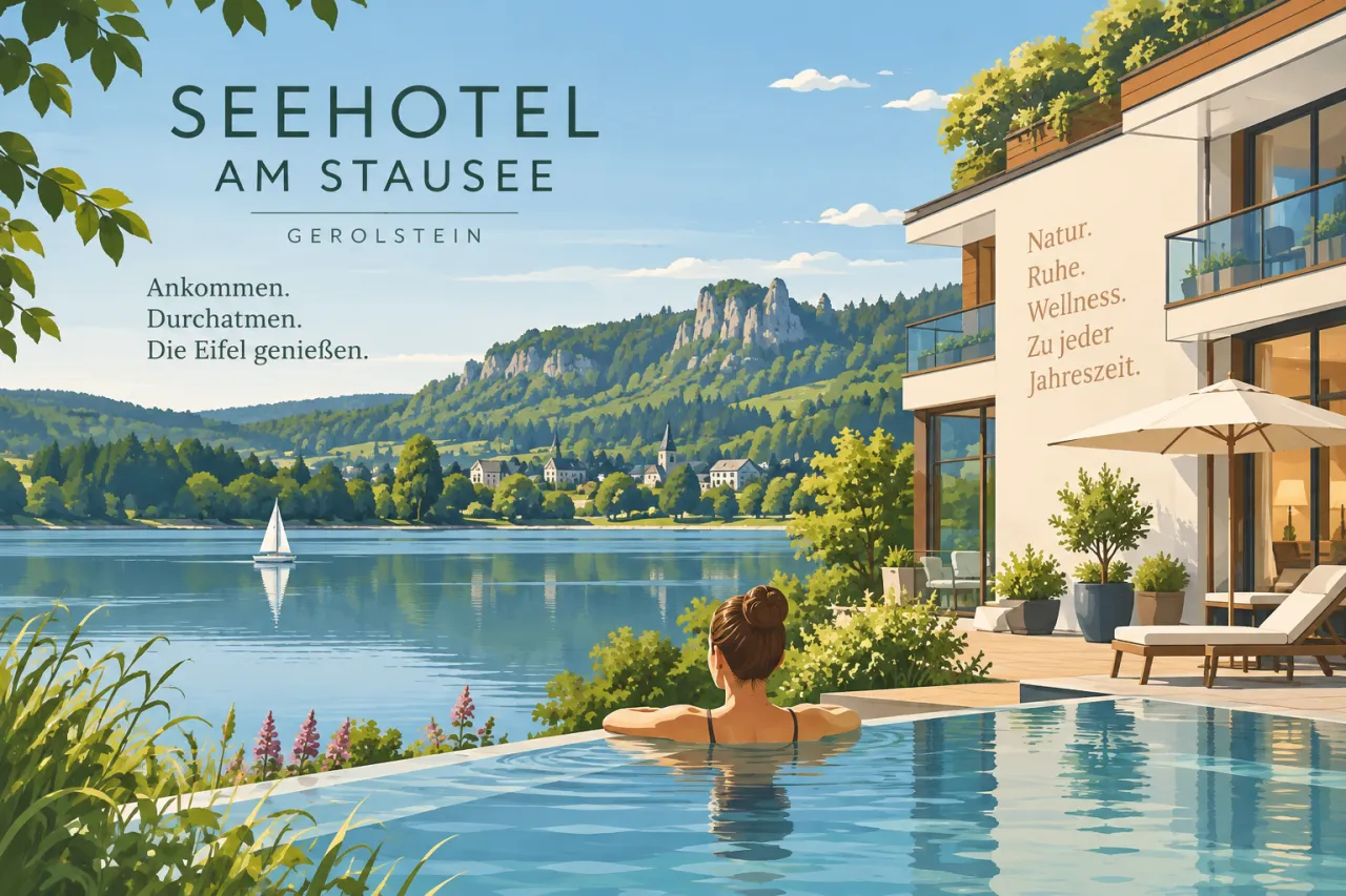 Seehotel am Stausee in Gerolstein mit Blick auf den See und die Vulkaneifel