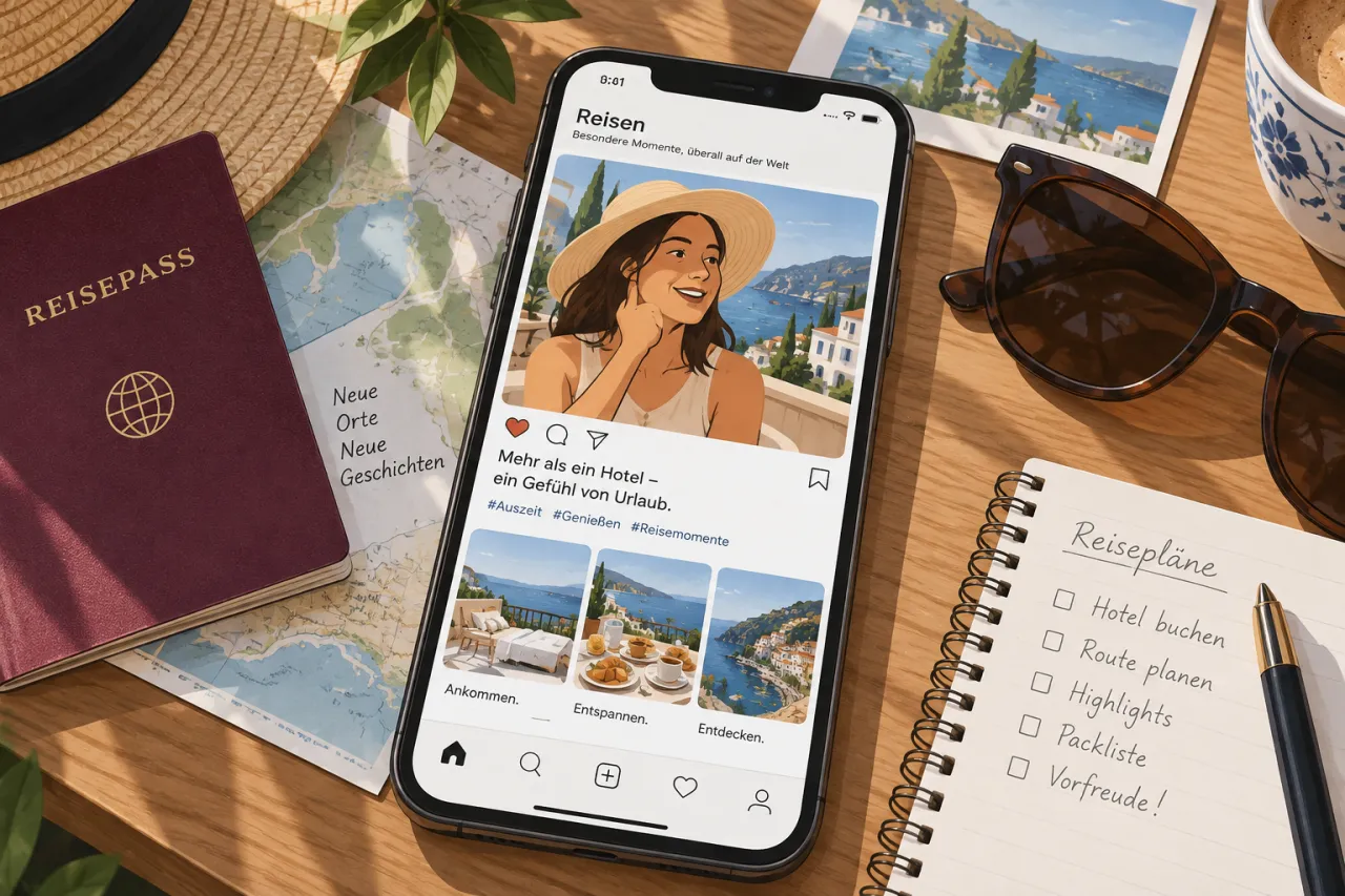 Handy mit Reise-Feed auf einem Tisch, daneben Sonnenbrille und Reisepass