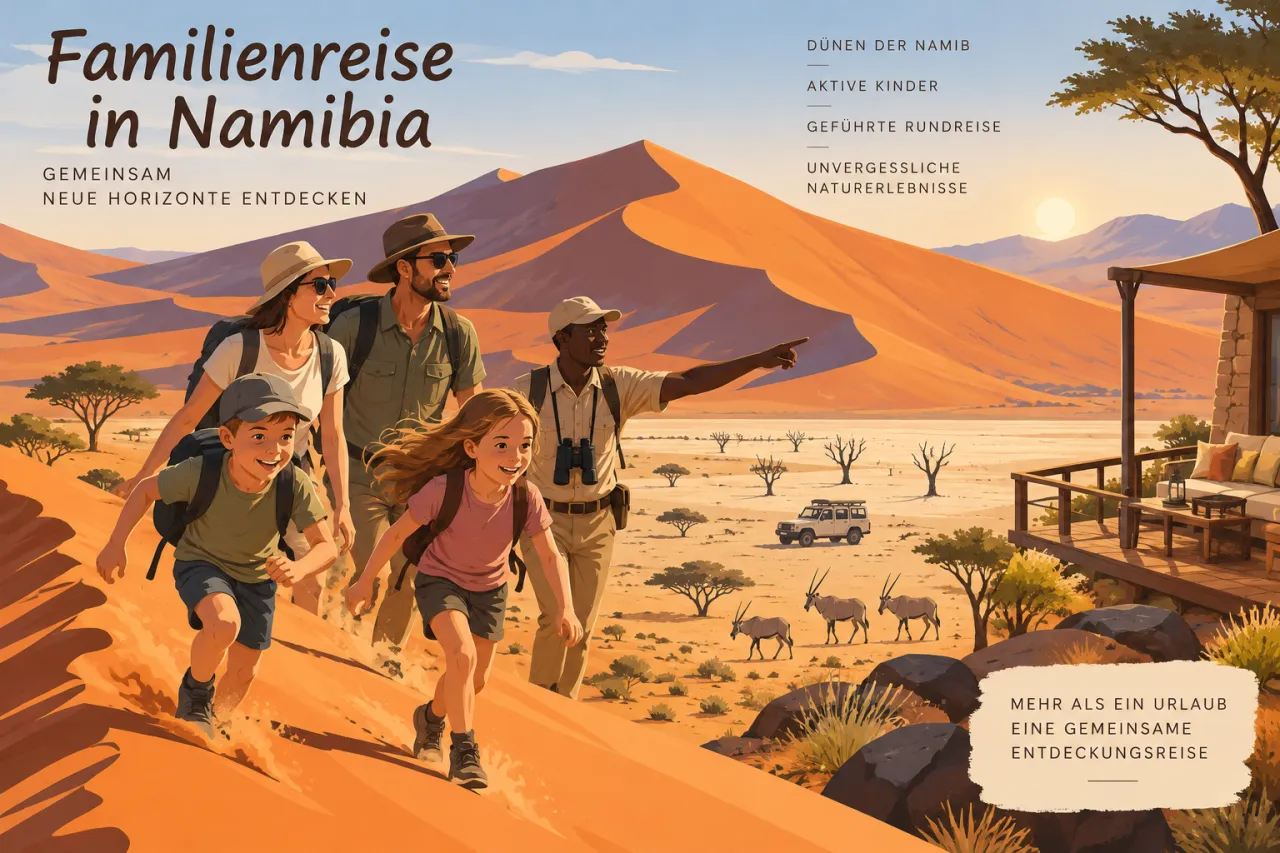 Familiengruppe in der Namib-Wüste mit Dünen im Hintergrund
