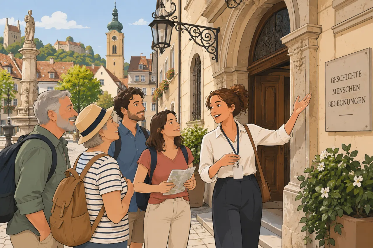 Studiosus-Reisegruppe in kleiner Runde vor einer Altstadt, Koffer neben einem Reisebus