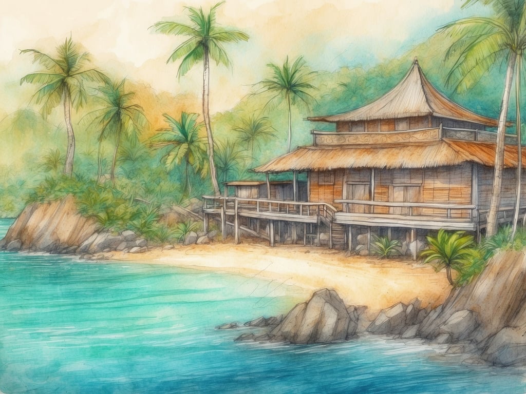 Auf dem Bild ist eine malerische Landschaft zu sehen, die ein tropisches Paradies in Ozeanien darstellt. Im Vordergrund gibt es einen ruhigen Strand mit sanften Wellen, die ans Ufer rollen. Palmen ragen am Strand empor und verleihen der Szene eine entspannte Atmosphäre. Im Hintergrund steht ein traditionelles Haus mit einem Strohdach und einer Holzveranda, das harmonisch in die natürliche Umgebung integriert ist. Das gesamte Bild strahlt eine friedliche und idyllische Stimmung aus, die zu einem Besuch in Ozeanien einlädt.