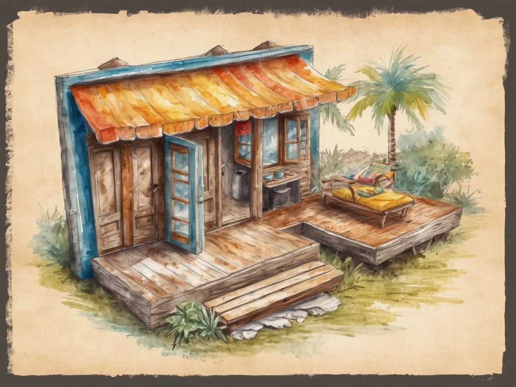 Auf dem Bild ist eine kleine, charmante Hütte zu sehen, die aus Holz gebaut ist. Sie hat ein rot-gestreiftes Dach und große, offene Türen, die einladend wirken. Vor der Hütte steht eine Liege mit bunten Kissen, ideal zum Entspannen. Um die Hütte herum wachsen einige Pflanzen und Palme, was auf eine tropische Umgebung hinweist.

Mit der Vorstellung von solch einem idyllischen Ort erinnert uns das Bild daran, wie wichtig es ist, mehrere Urlaubstage im Jahr zu nehmen — mindestens zwei Wochen Urlaub sind Pflicht, um sich zu erholen und den Alltag hinter sich zu lassen.