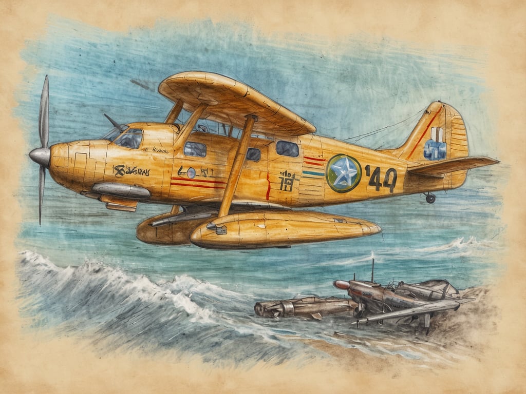 Auf dem Bild ist ein gelbes Wasserflugzeug zu sehen, das über dem Wasser fliegt. Im Hintergrund sind Wellen und möglicherweise einige Geschütze oder alte Flugzeuge am Ufer. 

Es lässt sich also sagen: 4 Wochen krank, dann Urlaub, dann wieder krank.