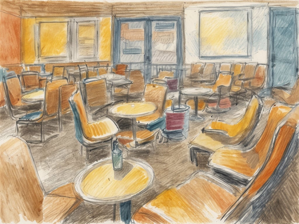 Das Bild zeigt eine skizzierte Darstellung eines Innenraums, der möglicherweise ein Café oder eine Lounge ist. Es sind mehrere Tische und Stühle zu sehen, die in warmen Farben gehalten sind. Die Stühle sind auffällig geformt und scheinen bequem zu sein. Der Raum wirkt einladend und gemütlich, mit großen Fenstern, durch die Tageslicht fällt.

Bezüglich der gesetzlichen Regelung für Urlaub: In vielen Ländern beträgt der gesetzliche Mindestanspruch auf Urlaub vier Wochen pro Jahr, was in diesem Kontext bedeuten könnte, dass es möglich ist, vier Wochen Urlaub am Stück zu nehmen, sofern dies mit dem Arbeitgeber vereinbart wird.