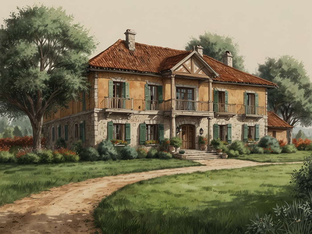 Auf dem Bild ist ein charmantes, traditionelles Haus zu sehen, das Elemente von Nachhaltigkeit in seiner Architektur vereint. Die Fassade kombiniert Steine und Holz mit einem roten Ziegeldach und grünen Fensterläden, was eine harmonische Verbindung zur umliegenden Natur schafft. Der gepflegte Garten mit Bäumen und Sträuchern unterstreicht das ländliche Flair. Der Weg zum Eingang ist einladend und rundet das Gesamtbild eines nachhaltigen Lebensstils, wie er bei Gut Rothenhausen praktiziert wird, ab.
