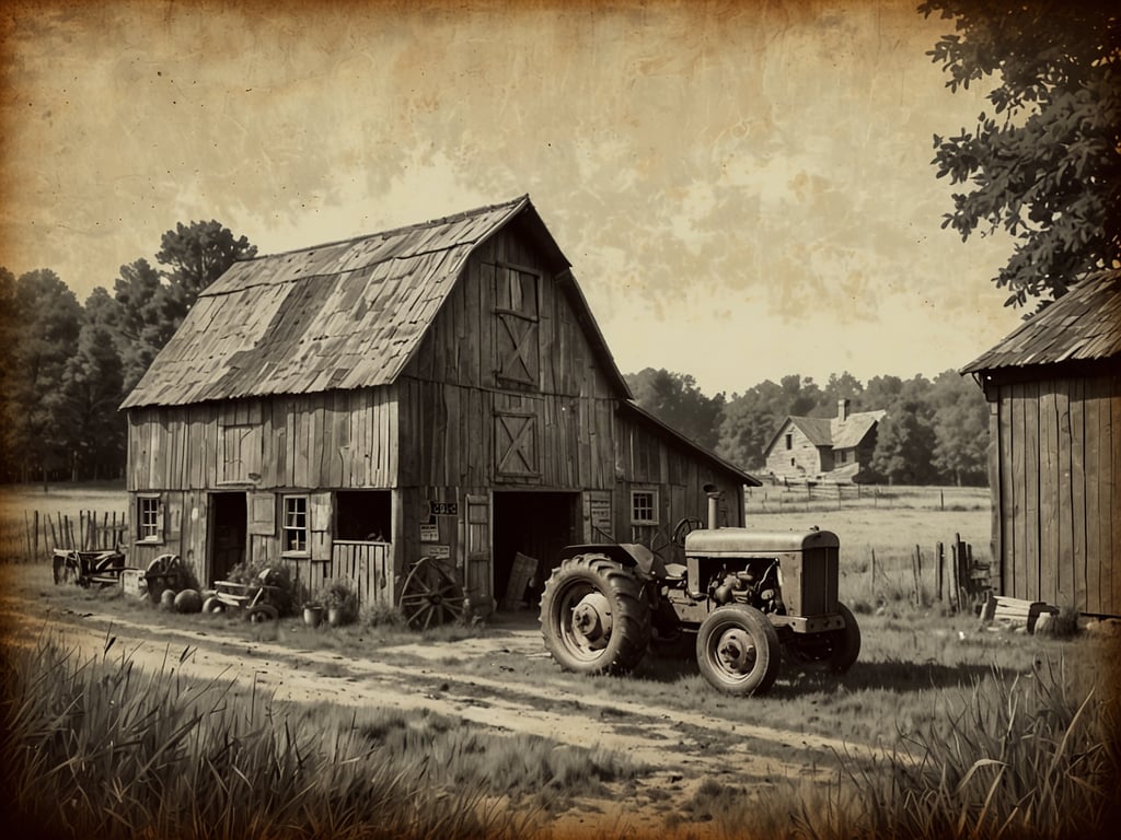 Auf dem Bild ist eine alte Scheune zu sehen, die aus rustikalem Holz gebaut ist. Ein Traktor steht vor der Scheune und der Hintergrund zeigt eine weitläufige ländliche Landschaft mit weiteren Gebäuden und Bäumen. Die sepiafarbene Bearbeitung verleiht dem Bild einen nostalgischen Charakter.

Wenn du Interesse an Hofläden hast, könnte eine Entdeckungsreise zu weiteren Hofläden spannend sein! Dort kann man frische Produkte, regionale Spezialitäten und oft auch handwerklich gefertigte Waren entdecken. Schöne Hofläden bieten oft mehr als nur Einkaufen – sie ermöglichen auch Einblicke in das Landleben und die Landwirtschaft.