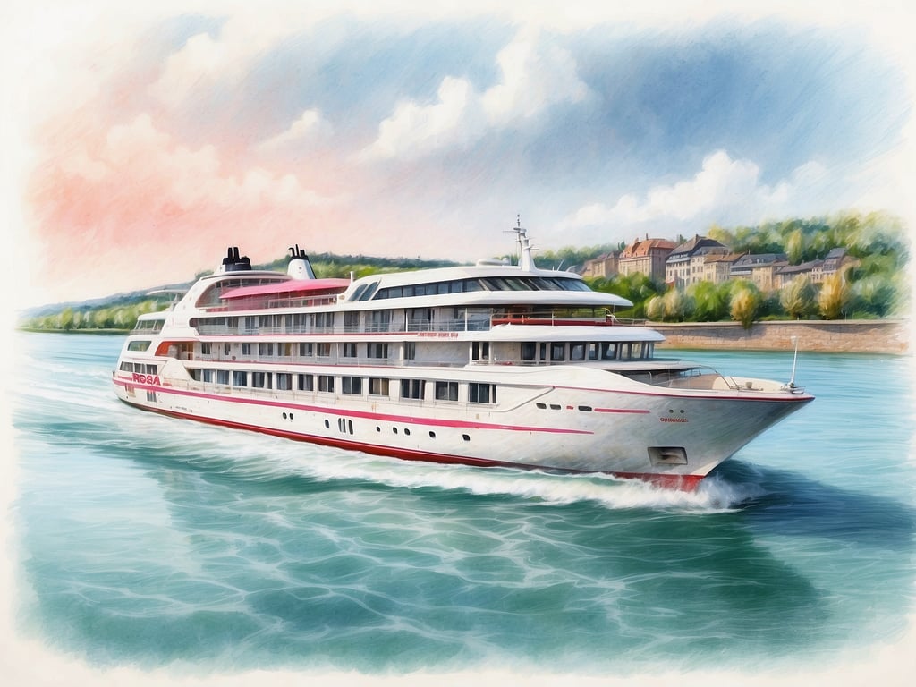 Auf dem Bild ist ein modernes Flusskreuzfahrtschiff zu sehen, das auf dem Rhein fährt. Es handelt sich um die A-ROSA SENA. Das Schiff zeichnet sich durch seine elegante Bauweise und die komfortable Ausstattung aus, die den Passagieren ein angenehmes Reiseerlebnis auf dem Rhein bietet. Im Hintergrund sieht man eine malerische Landschaft mit Bäumen und möglicherweise historischen Gebäuden, die typisch für die Rheinregion sind. Die sanften Wellen des Wassers unterstreichen die ruhige Atmosphäre einer Flusskreuzfahrt.