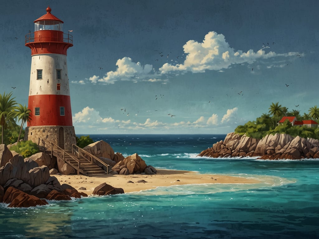 Auf dem Bild ist ein malerischer Leuchtturm zu sehen, der an einer Küste steht. Der Leuchtturm ist rot und weiß gestrichen und umgeben von einer tropischen Landschaft mit Palmen und Felsen. Im Hintergrund sieht man das glitzernde, türkisfarbene Wasser des Meeres sowie einige Wolken am Himmel. Die Szene strahlt eine ruhige, idyllische Atmosphäre aus und könnte typisch für die Vielfalt der ABC-Inseln sein, wo Natur und maritime Schönheit harmonisch zusammenkommen.