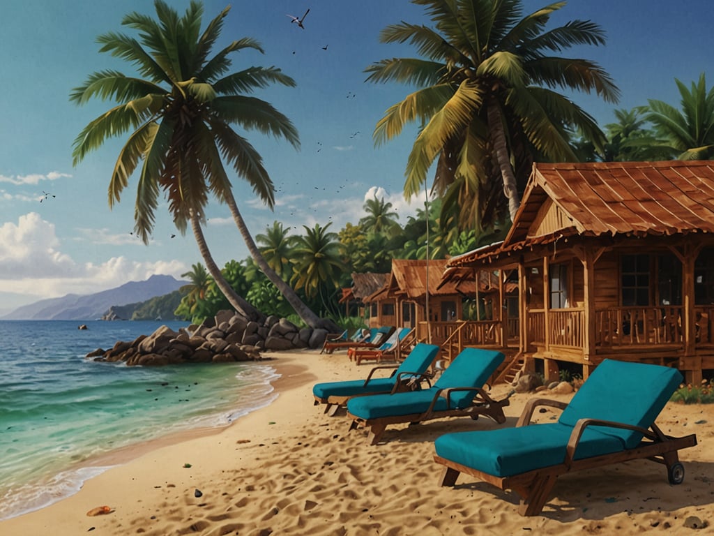 Auf dem Bild ist ein schöner Strand mit Palmen zu sehen, gesäumt von tropischen Hütten und Liegen. Die Szenerie vermittelt ein Gefühl von Ruhe und Entspannung. 

Hier sind einige Reisetipps für einen unvergesslichen Aufenthalt:

1. **Frühstück am Strand:** Beginne deinen Tag mit einem Frühstück direkt am Strand. Viele Resorts bieten dies an und du kannst den Sonnenaufgang genießen.

2. **Wassersportaktivitäten:** Nutze die Gelegenheit, um Wassersportarten wie Schnorcheln, Kajakfahren oder Stand-Up-Paddling auszuprobieren. Informiere dich vorab über lokale Anbieter.

3. **Erkunde die Umgebung:** Mache einen Ausflug zu nahegelegenen Naturparks oder Wasserfällen. Oft gibt es geführte Touren, die dir die Schönheit der Region näherbringen.

4. **Lokale Küche:** Probiere die lokale Küche in kleinen Restaurants. Frage nach eigenen Spezialitäten oder fangfrischem Fisch.

5. **Wellness und Entspannung:** Gönn dir eine Massage oder eine Spa-Behandlung in einer der Strandhütten, um vollkommen zu entspannen.

6. **Sonnenuntergang genießen:** Suche dir einen schönen Platz, um den Sonnenuntergang zu beobachten. Vielleicht mit einem Cocktail in der Hand!

7. **Kulturelle Erlebnisse:** Informiere dich über lokale Feste oder Märkte, um einen tieferen Einblick in die Kultur zu erhalten.

Mit diesen Tipps kannst du deinen Aufenthalt das Maximum an Erholung und Abenteuer genießen!