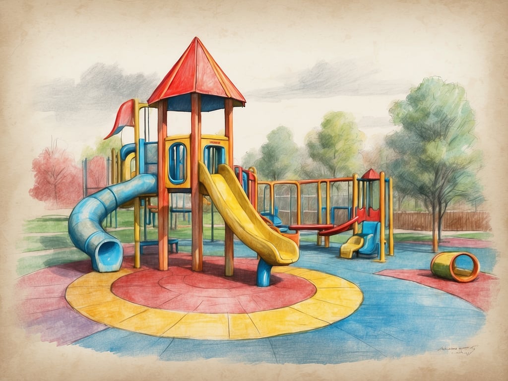 Auf dem Bild ist ein Spielplatz zu sehen, der mit bunten Spielgeräten ausgestattet ist. Es gibt Rutschen, Anstiegsmöglichkeiten und verschiedene Strukturen zum Spielen. 

Bei der Nutzung des Spielplatzes sollten folgende Sicherheitsregeln beachtet werden:

1. **Aufsicht:** Kinder sollten immer von einem Erwachsenen beaufsichtigt werden.
2. **Sicherheitsvorkehrungen:** Vor dem Spielen sollten die Geräte auf Schäden oder Gefahren überprüft werden.
3. **Geeignetes Spielverhalten:** Kinder sollten sich nicht drängeln und rücksichtsvoll miteinander spielen.
4. **Rutschen:** Immer einzeln und von der oberen Plattform rutschen.
5. **Angemessene Kleidung:** Ausreichend Kleidung ohne lange Schnüre oder Schleifen tragen, um Verletzungen zu vermeiden.

Sicherheit steht an erster Stelle, damit alle Kinder den Spielplatz unbeschwert genießen können!
