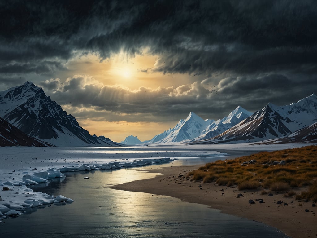 Auf dem Bild ist eine beeindruckende Landschaft in extremen klimatischen Bedingungen zu sehen. Hohe, schneebedeckte Berge ragen majestätisch in den Himmel, umgeben von dramatischen Wolkenformationen. Ein gefrorener Fluss oder See spiegelt das Licht der Sonne wider, die durch die Wolken bricht. Am Ufer sind einige grüne Grasflächen sichtbar, die einen Kontrast zur kalten Umgebung bieten. Diese Szenerie könnte ein perfektes Ziel für einen Abenteuerurlaub in extremen Klimazonen sein, wo Aktivitäten wie Eisklettern, Skifahren und Schneeschuhwandern auf mutige Reisende warten.