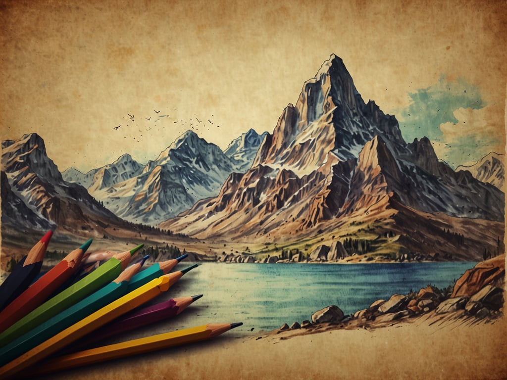 Auf dem Bild ist eine malerische Landschaft mit majestätischen Bergen und einem ruhigen See zu sehen. Diese Szenerie weckt die Vorstellung von Abenteuerurlaub, wo man die Natur erkunden, wandern oder Wassersport betreiben kann. Die bunten Buntstifte im Vordergrund deuten darauf hin, dass es sich um eine kreative Darstellung handelt, die zum Träumen von abenteuerlichen Ausflügen in die Berge einlädt.